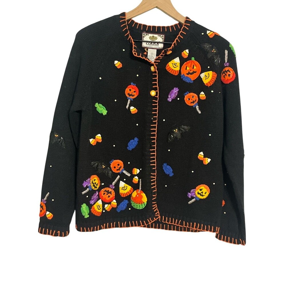 Vintage Tiara International Halloween Embroidered Cardigan Pumkin Candy Crochet